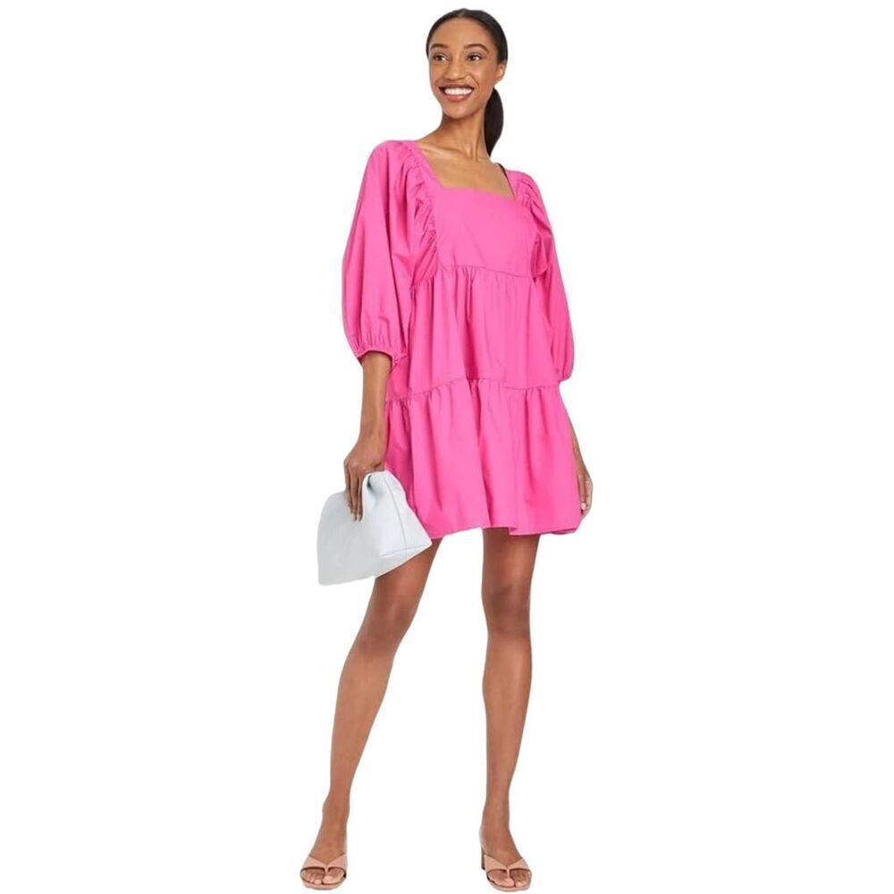 A New Day Women's Hot Pink Cotton Puff Sleeves Baby Doll Tiered Dress w Pockets